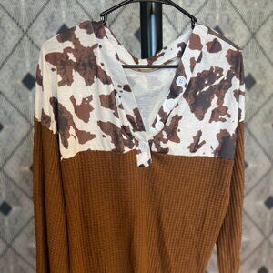 Long Sleeved Brown ribbed shirt with cowprint